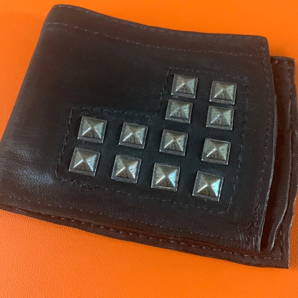 Hand crafted studded leather wallet Marc Bernstein New York.